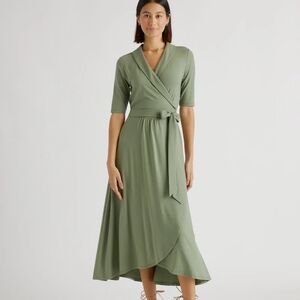 Quince Tencel Wrap Midi Dress in Sage Green with Tie Waist